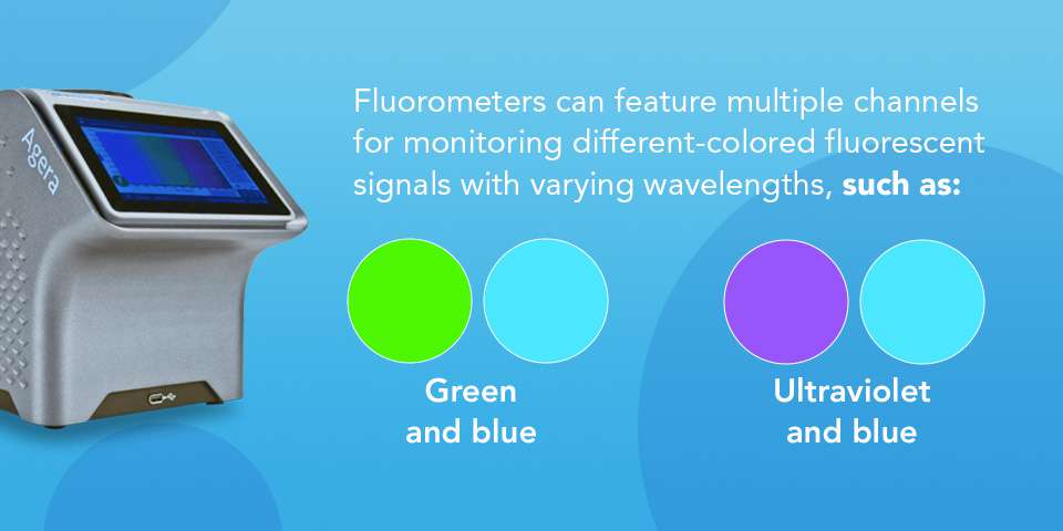 Fluorometers can feature multiple channels for monitoring different-colored fluorescent signals