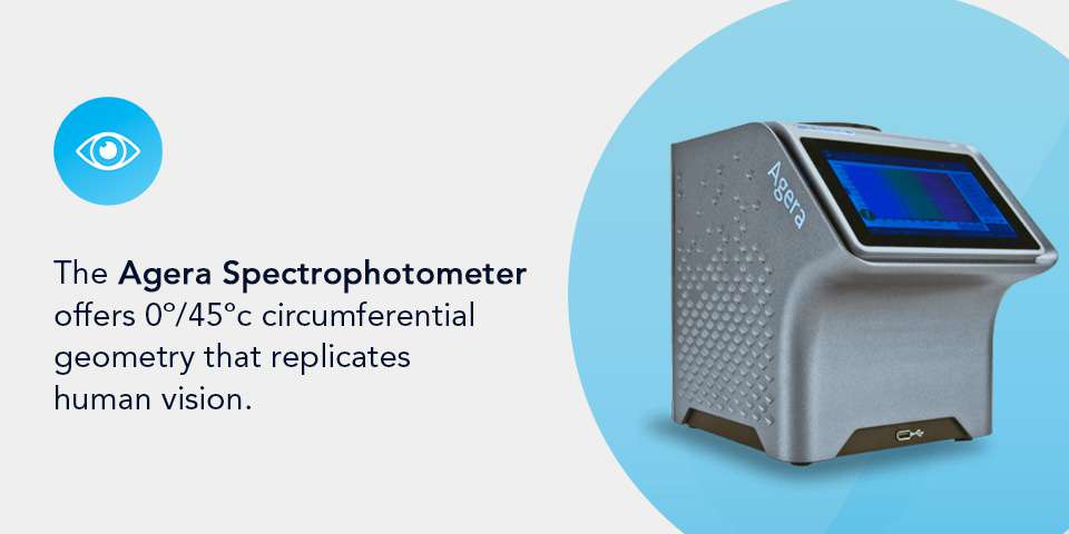 The HunterLab Agera spectrophotometer offers 0°/45°c circumferential geometry to replicate human vision