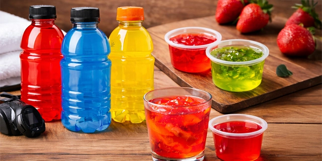 bottles of sports drinks and cups of Jell-O on a table