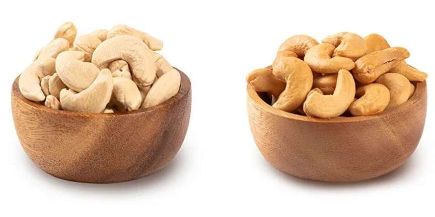 Raw and roasted cashews in bowls showing color change from processing—important for food quality control.